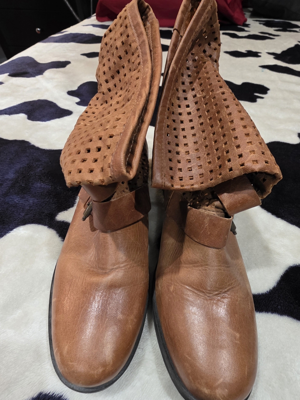 Steve Madden Perforated Fold-Over Tan Leather Ankle Boots